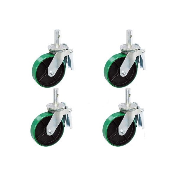 8"x2" Scaffold Caster W/ Brake, Green Poly ON Steel Wheel, 800, PK4